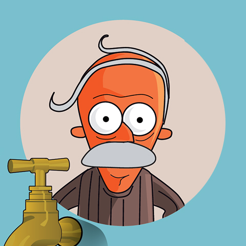 Illustration d'un homme d'un certain âge avec un robinet en premier plan