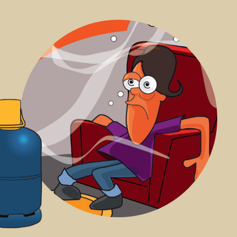 Illustration d'un homme qui semble complètement sous les effets du gaz avec la tête qui tourne, allongé dans un fauteuil. Avec une bouteille de gaz en premier plan.