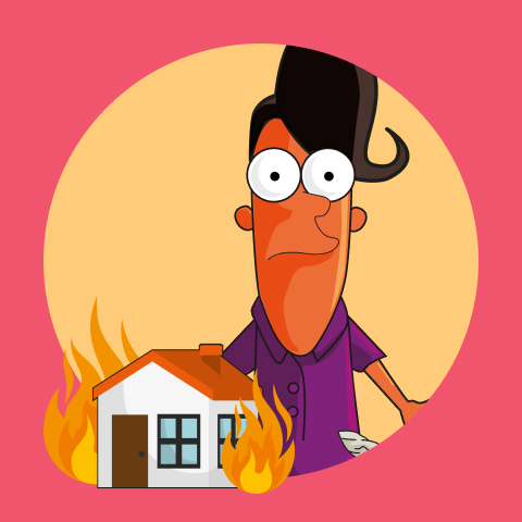 Illustration d'un homme écarquillant les yeux avec en premier plan sa maison qui brule.